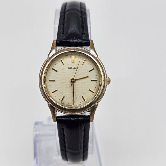 Seiko Women's Watch 24MM Gold Dial Gray Gold Case Black Leather Band New Battery - Picture 1 of 14